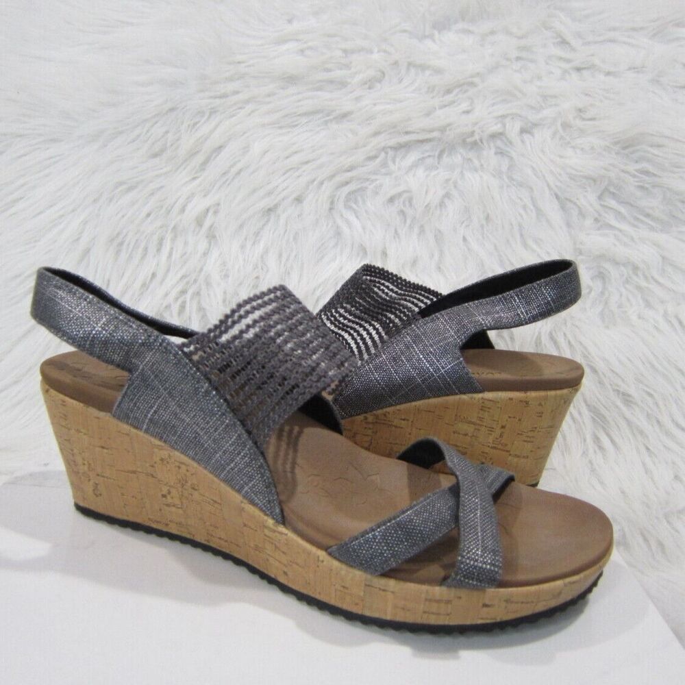 Skechers Beverlee High Tea Wedge Sandal Gray/Silver 31723 Women's Size 9